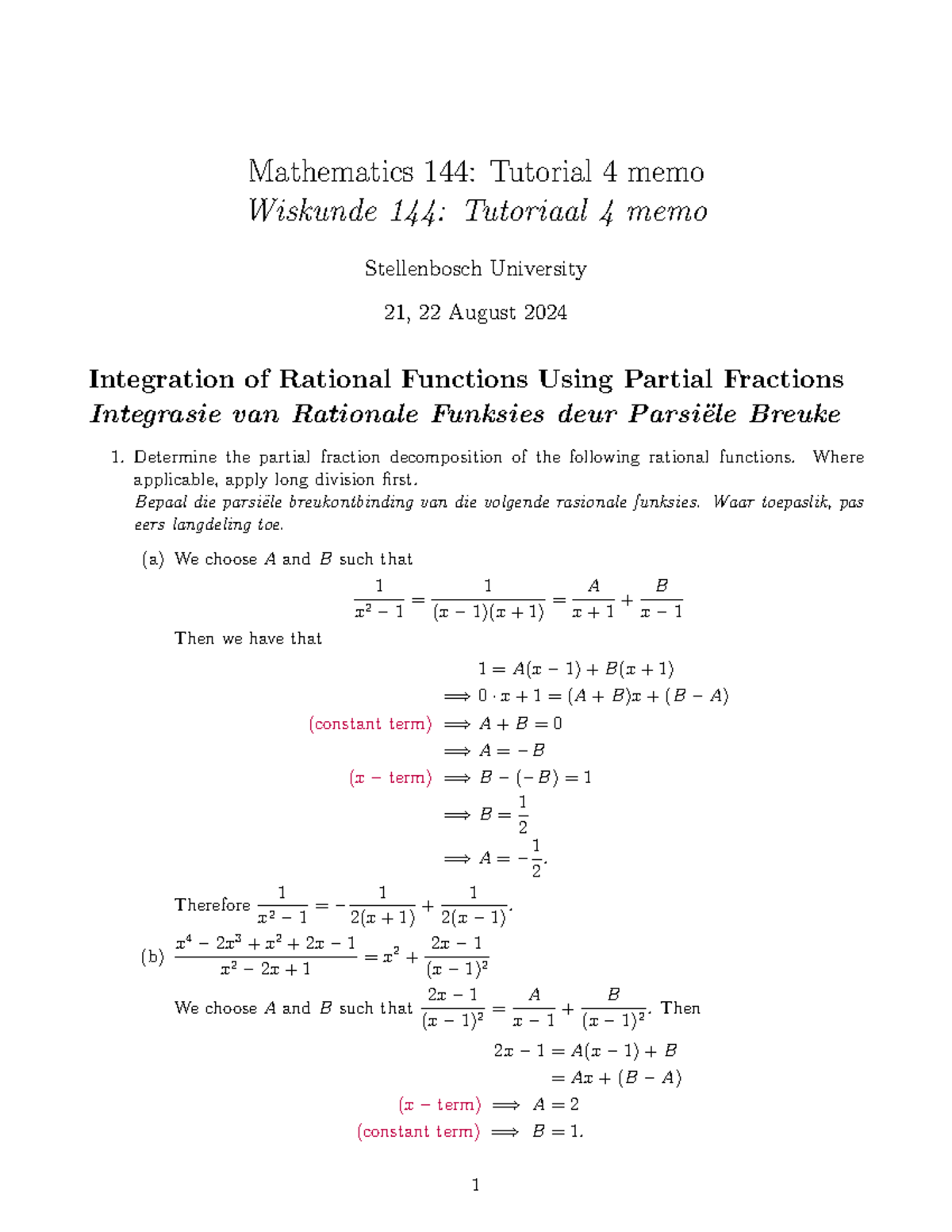 Maths 144 Tutorial 4 Memo - Mathematics 144: Tutorial 4 memo Wiskunde ...