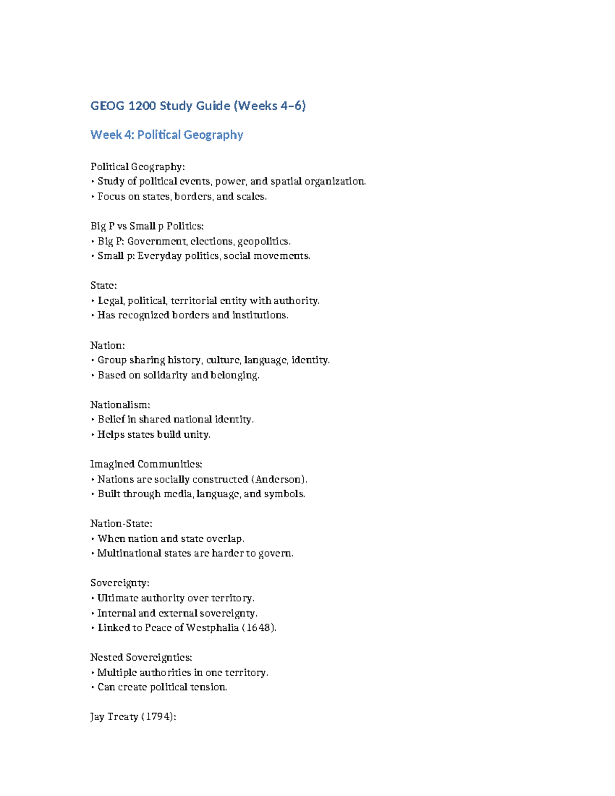 GEOG 1200 Study Guide: Political & Population Geography (Weeks 4-6 ...