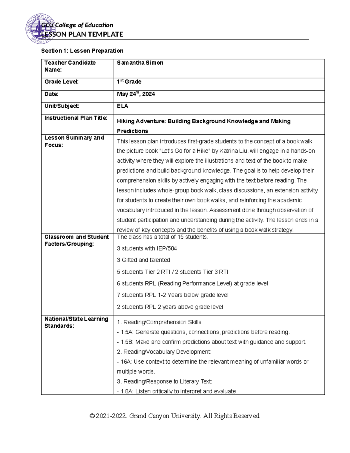 S.Simon ELA Book Walk Lesson Plan for First Grade Students - Studocu