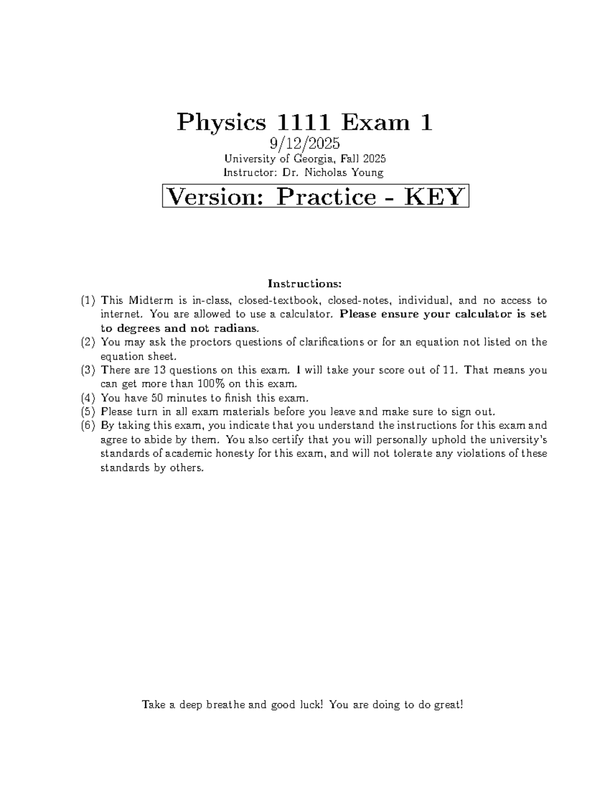 FA25 Physics 1111 Exam 1 Practice Key - Studocu