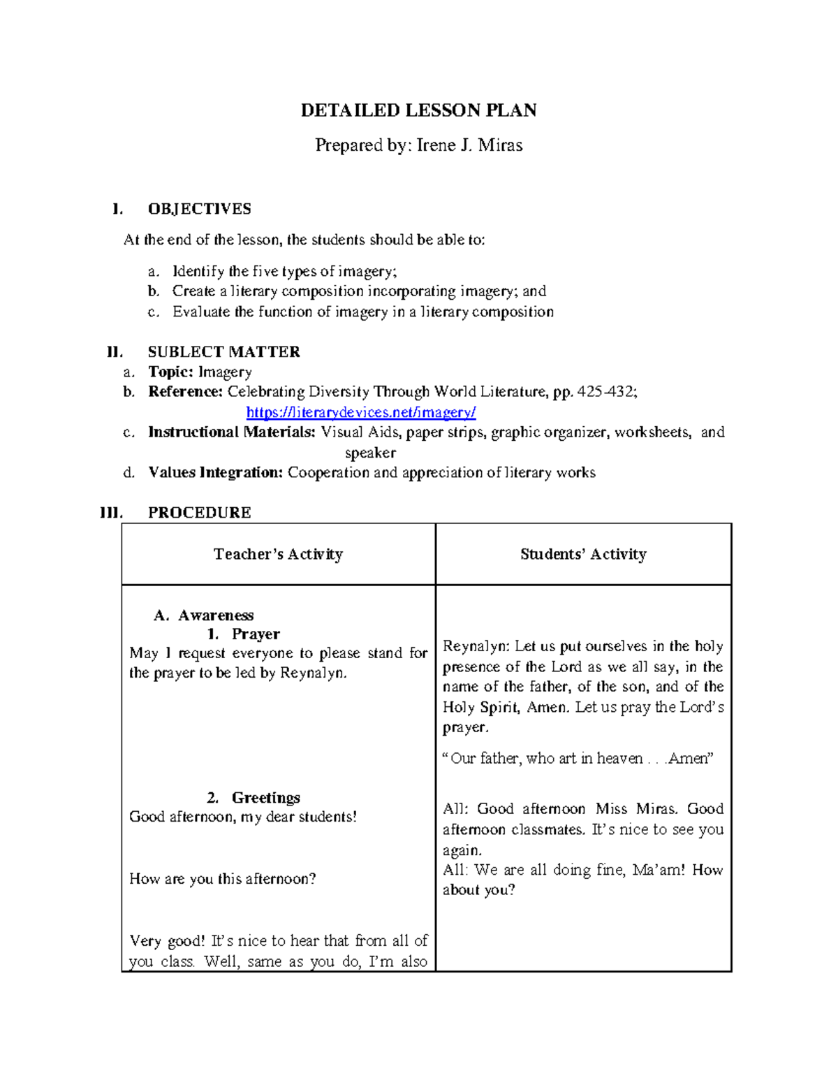 Inbound 4846251471802339888 - DETAILED LESSON PLAN Prepared by: Irene J ...