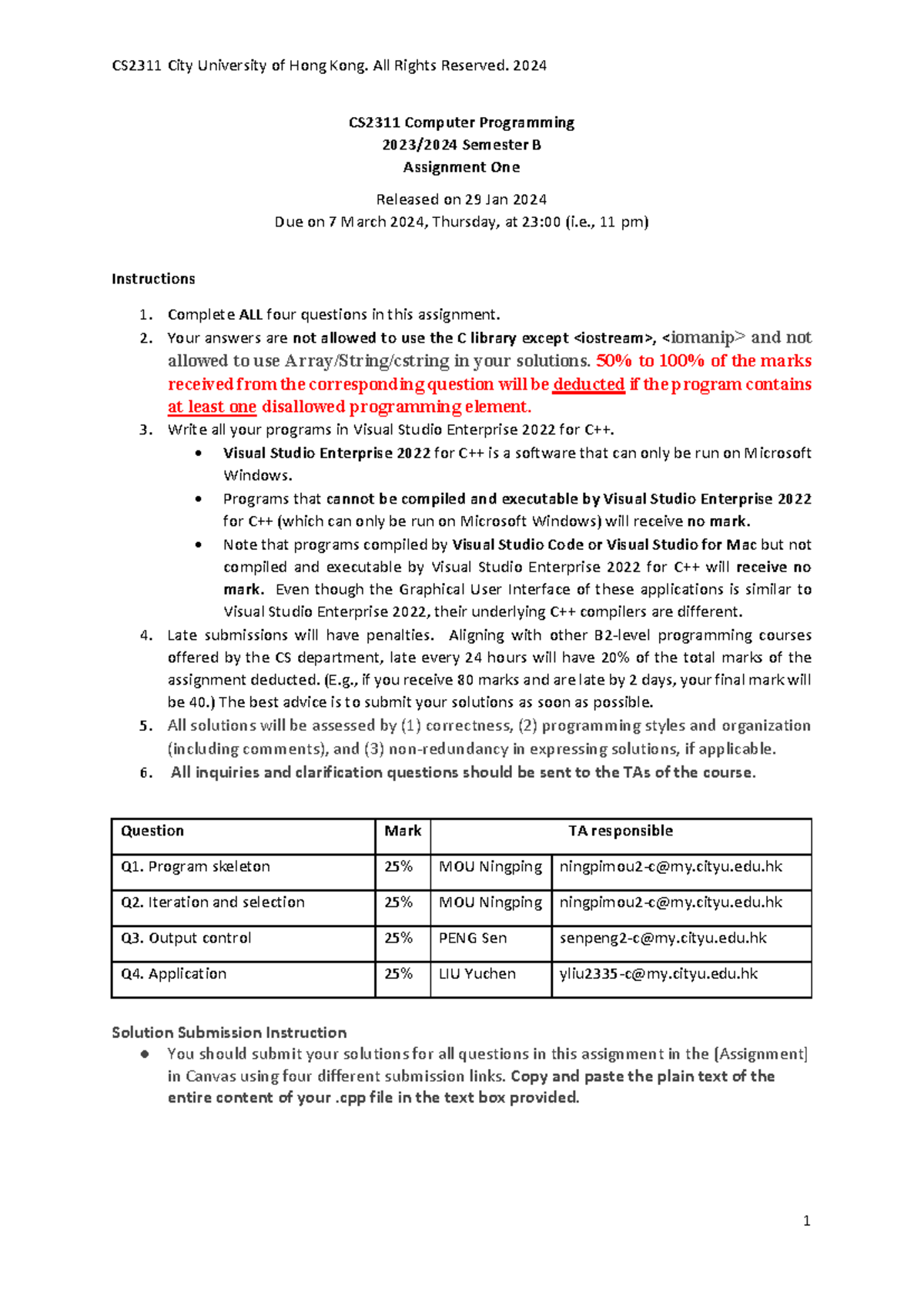 CS2311 2023/2024 Sem B Assignment 1 Guidelines and Instructions - Studocu