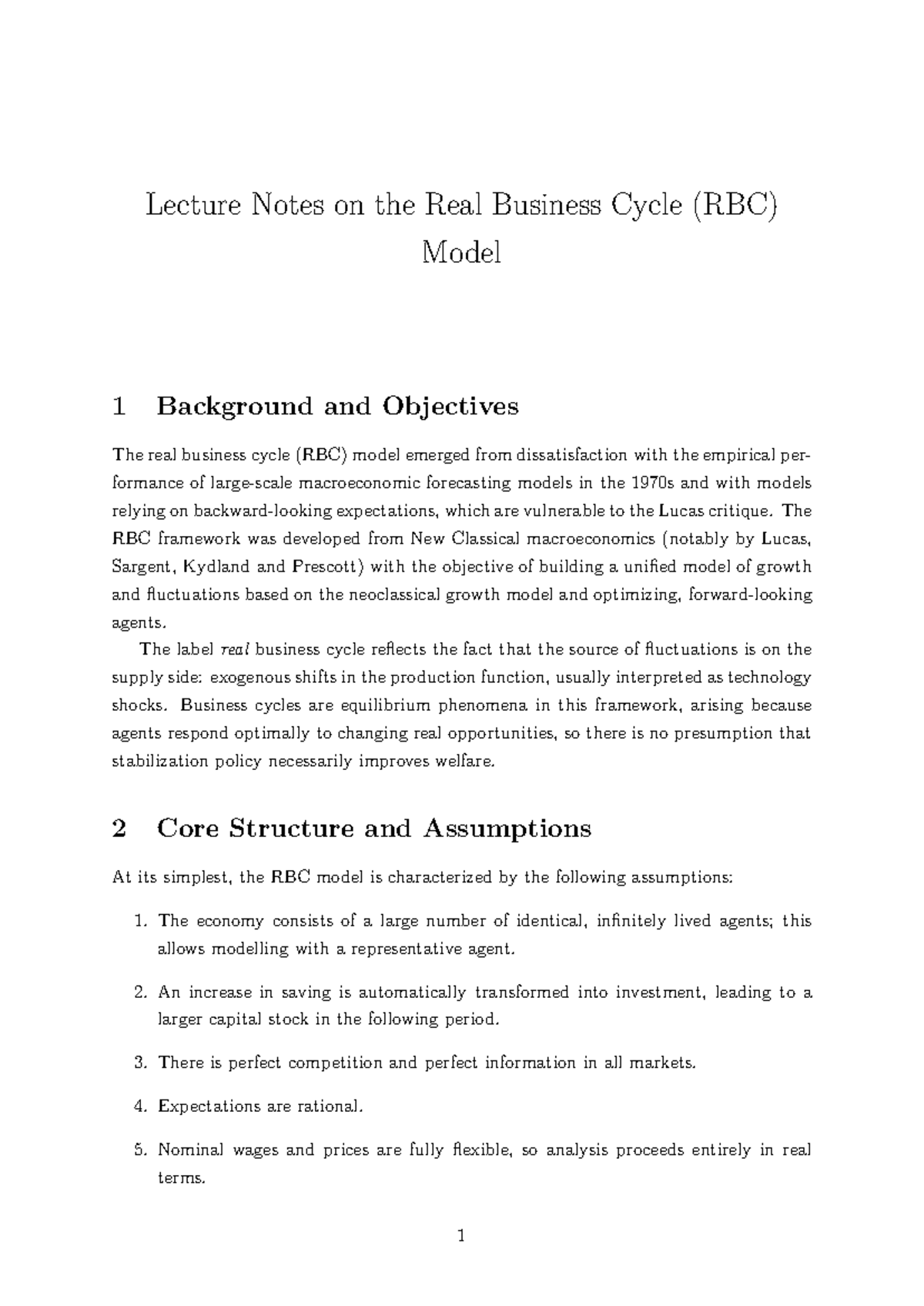 Lecture Notes on the Real Business Cycle (RBC) Model - Studocu