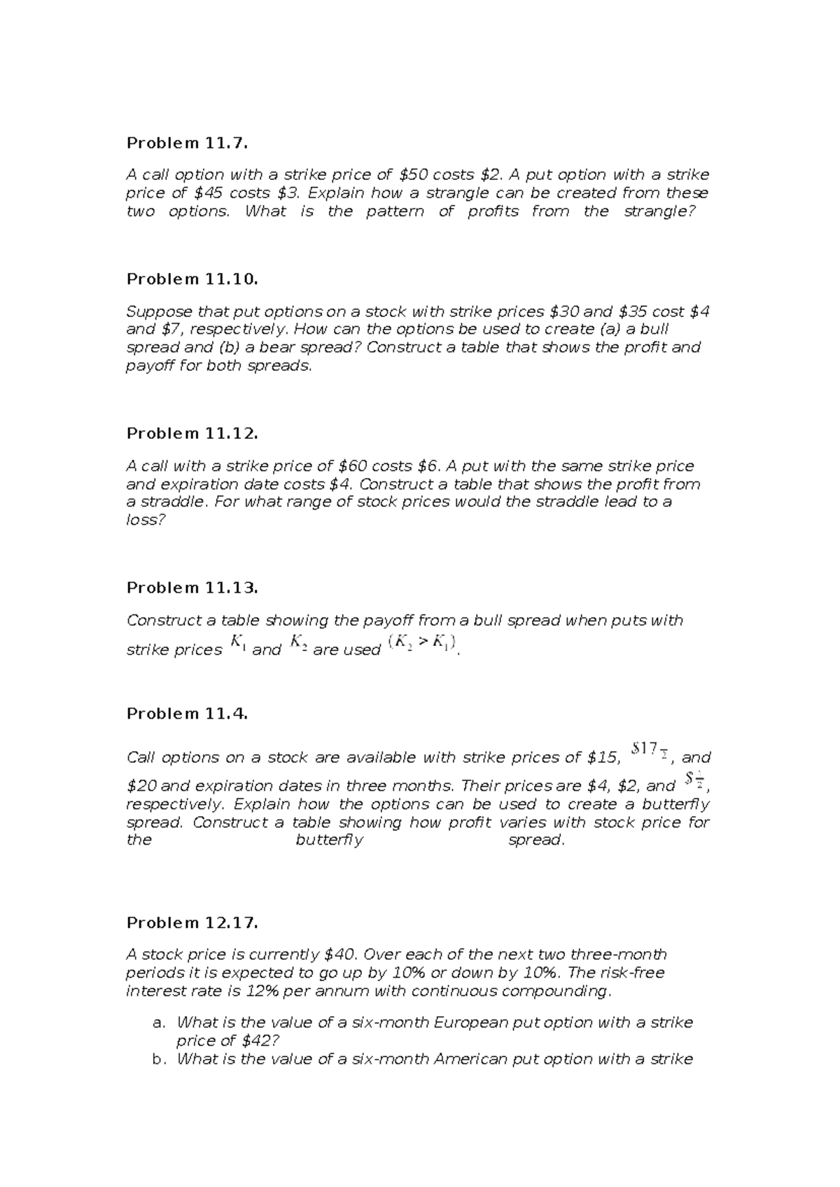 Options Strategies Problem Set 4 (Strangles, Spreads, and Payoffs ...