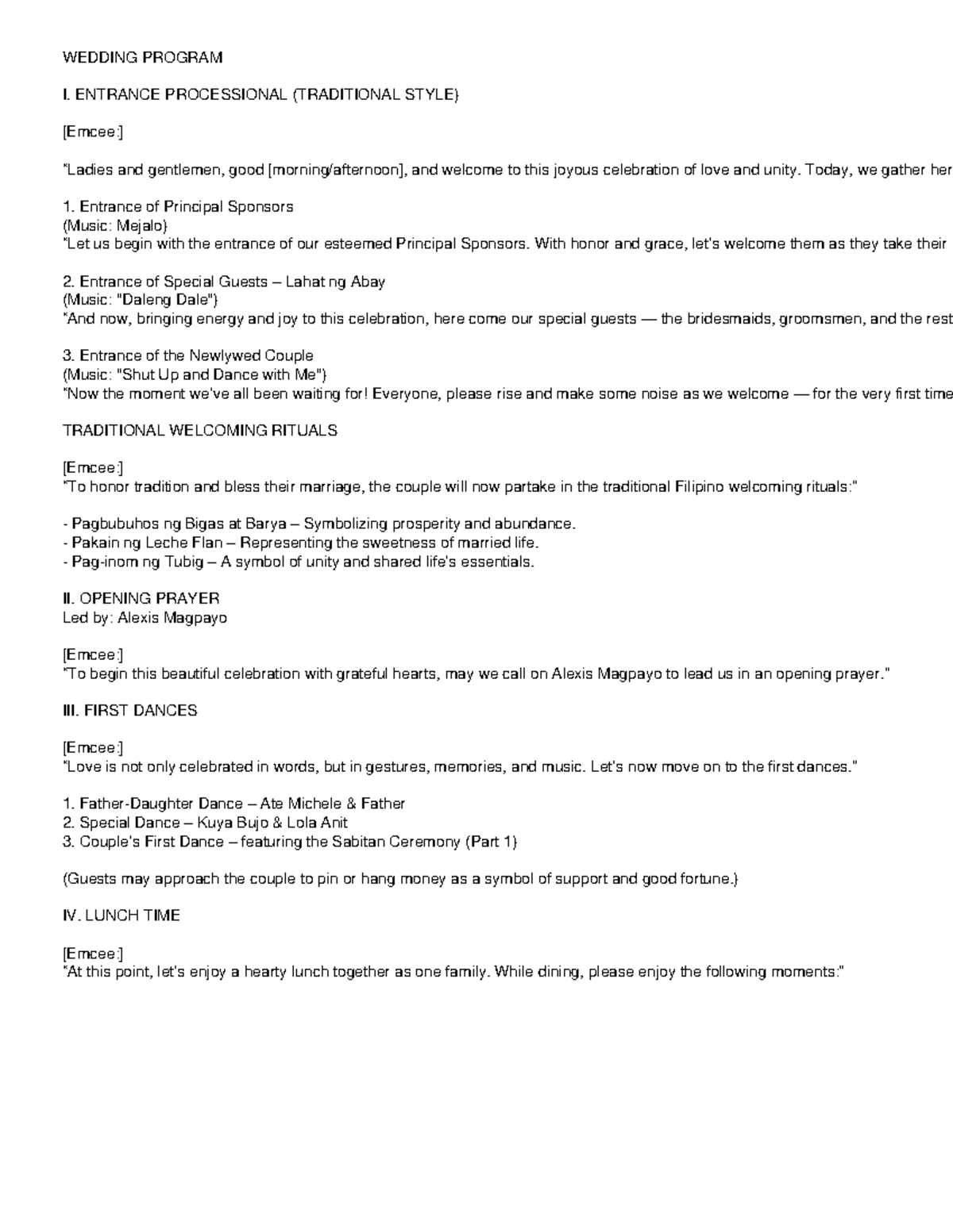 Complete Wedding Program Script: Traditional Ceremony Highlights - Studocu