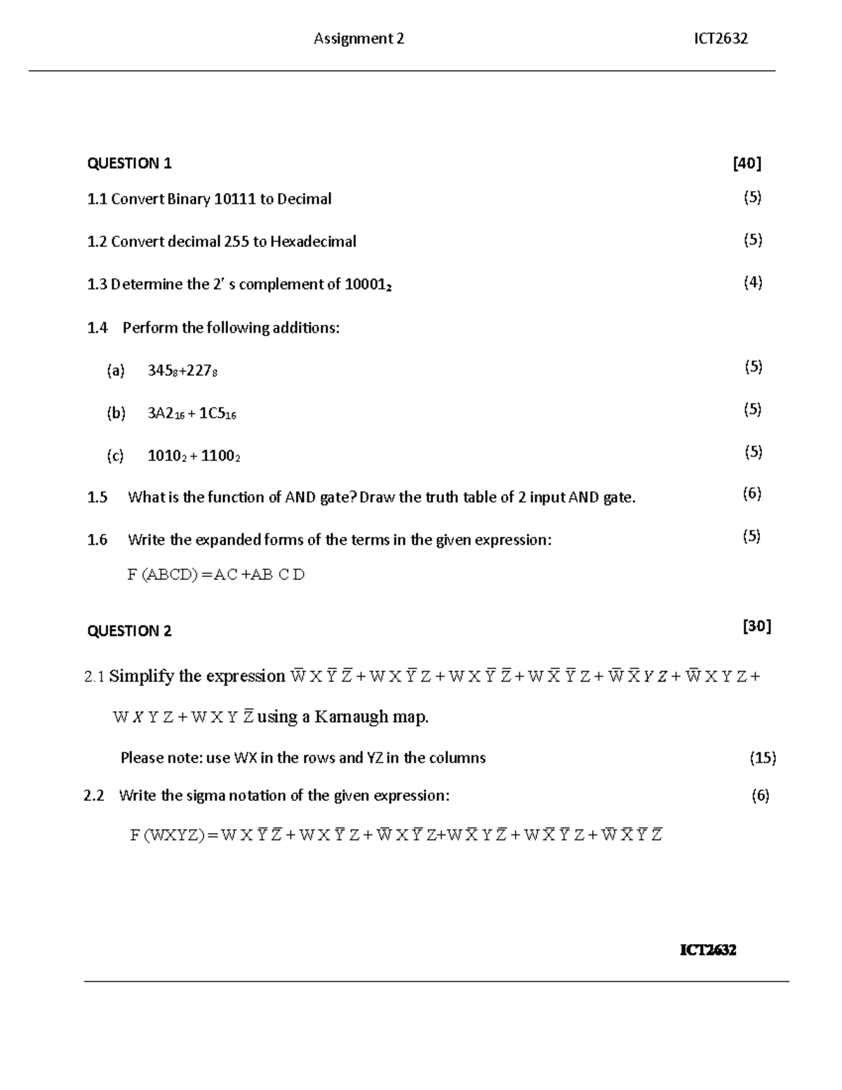ICT2632 Assignment 2: Binary, Decimal, and Logic Gate Questions - Studocu