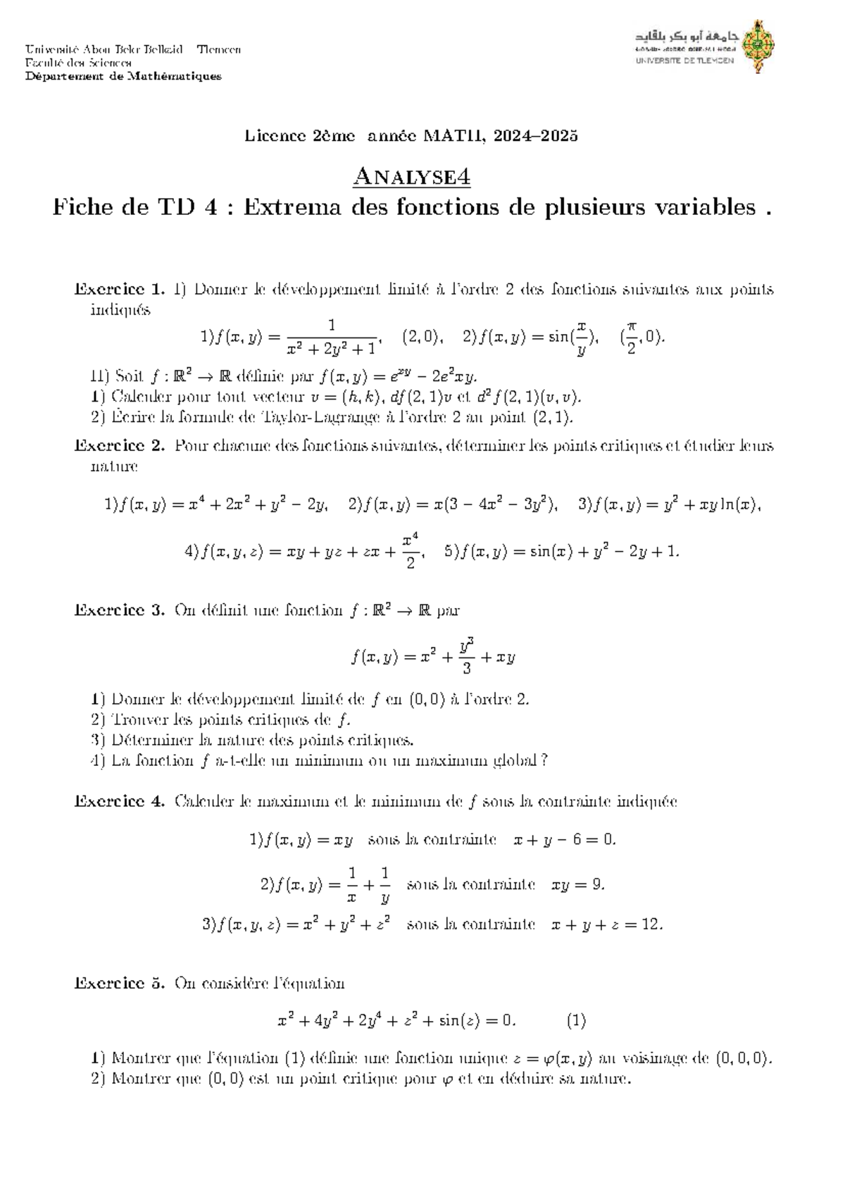 L2 MATH TD4 : Extrema des Fonctions de Plusieurs Variables - Studocu