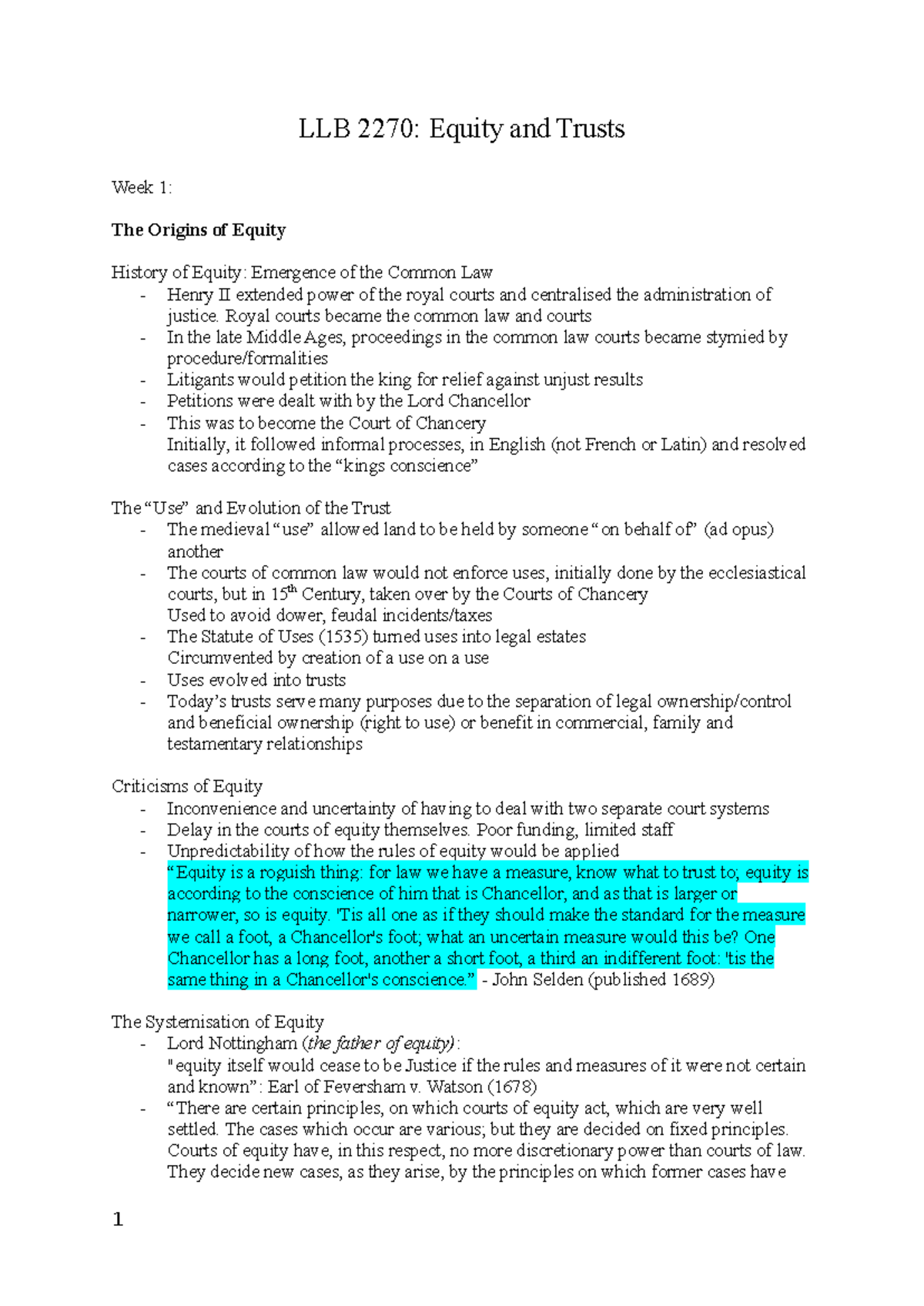 Equity Full Lecture Notes - LLB 2270: Equity and Trusts Week 1: The ...