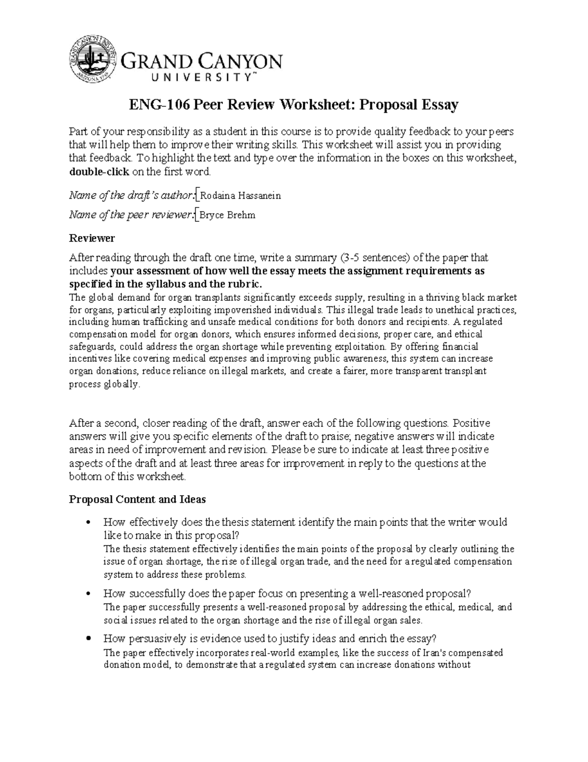 Peer Review Worksheet: Proposal Essay Feedback for ENG 101 - Studocu