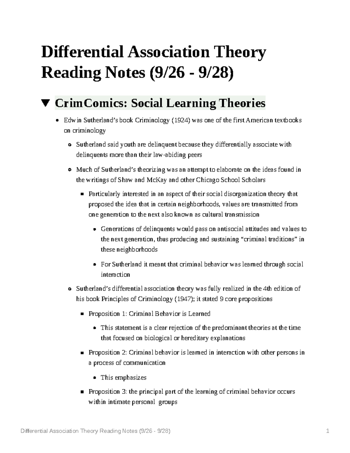 CRIM 101: Differential Association Theory Reading Notes (9/26 - 9 