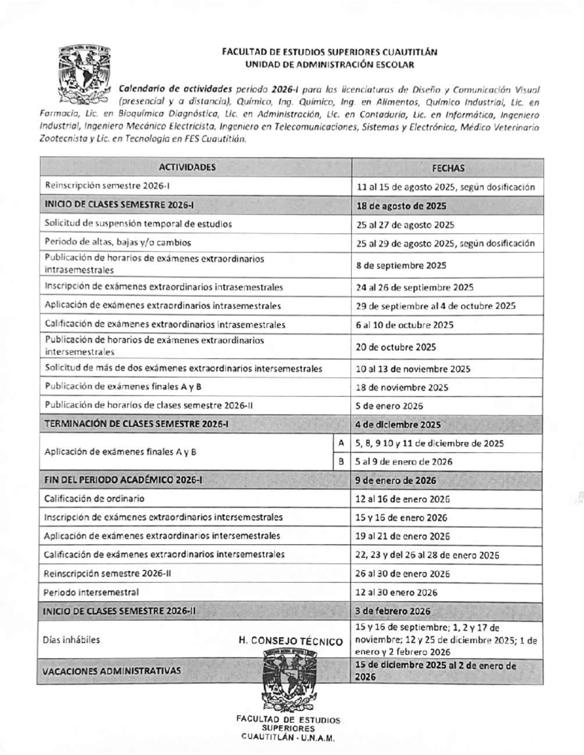 Calendario de Actividades 2025-2026 para Licenciaturas FES Cuautitlán