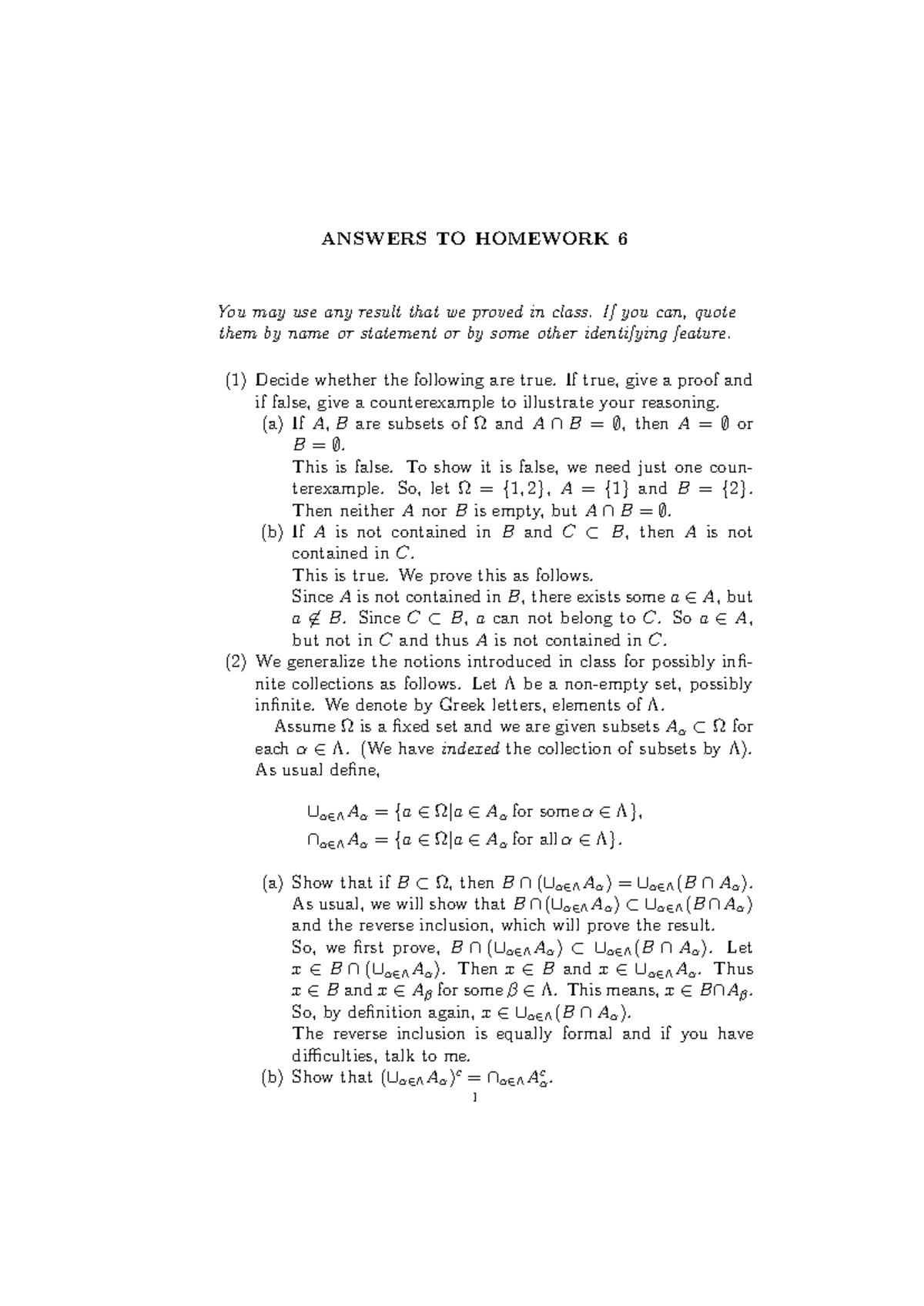 Answer key - HW6 - ANSWERS TO HOMEWORK 6 You may use any result that we proved in class. If you ...