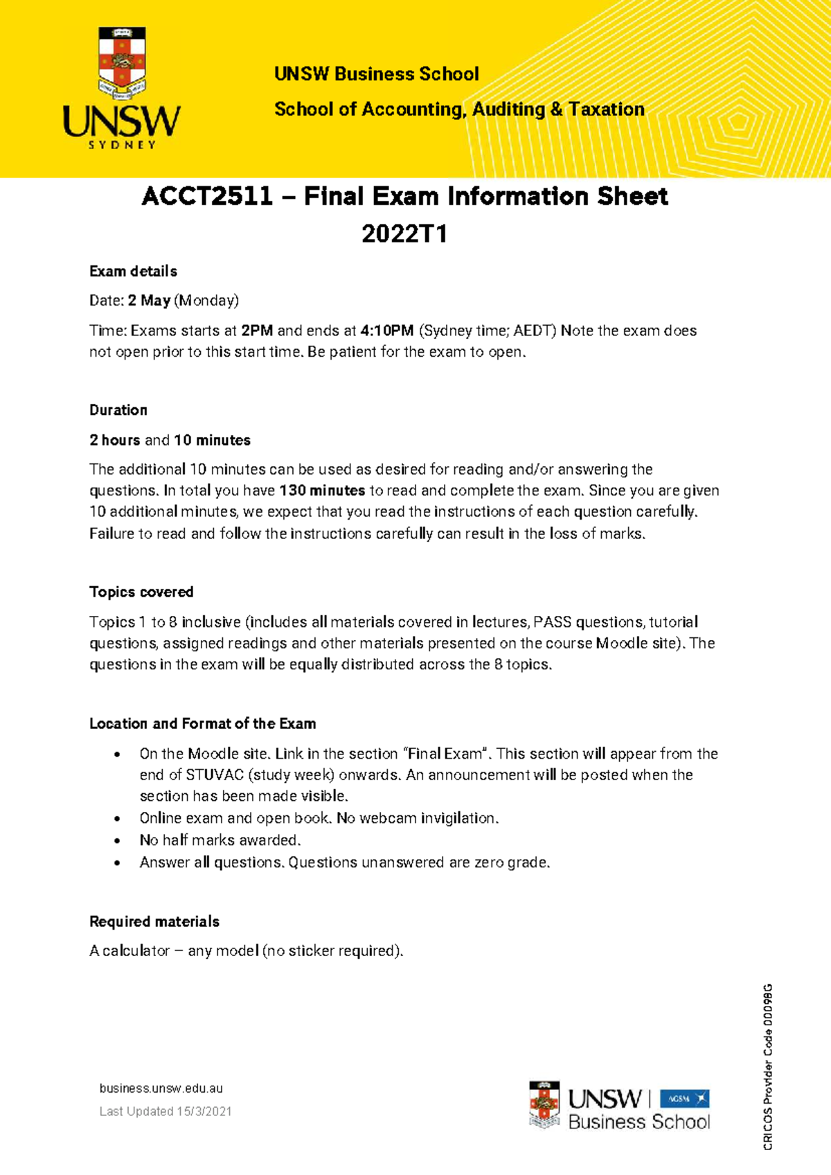 ACCT2511 Final Exam Info Sheet - 2022T1 Details & Tips - Studocu
