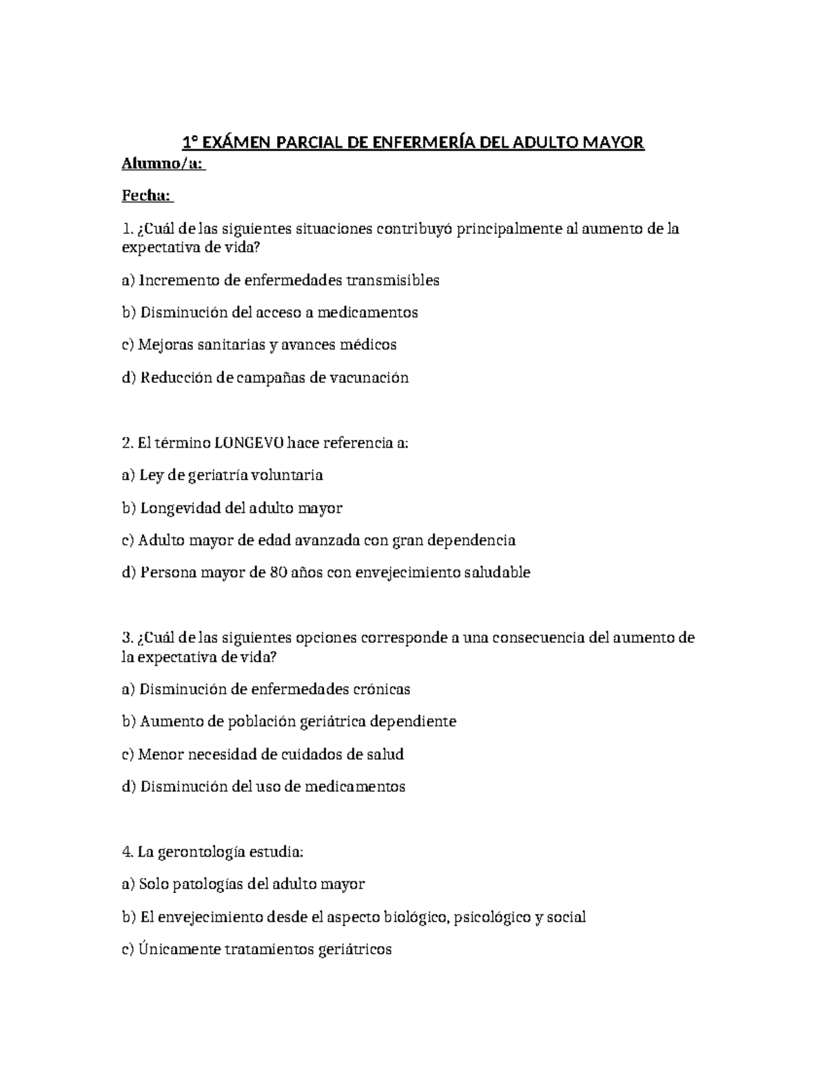 Parcial de Enfermería del Adulto Mayor - Examen 1 - Studocu