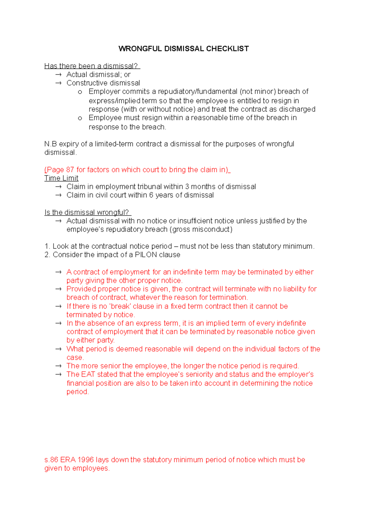Wrongful Dismissal Checklist: Key Factors and Legal Guidelines - Studocu
