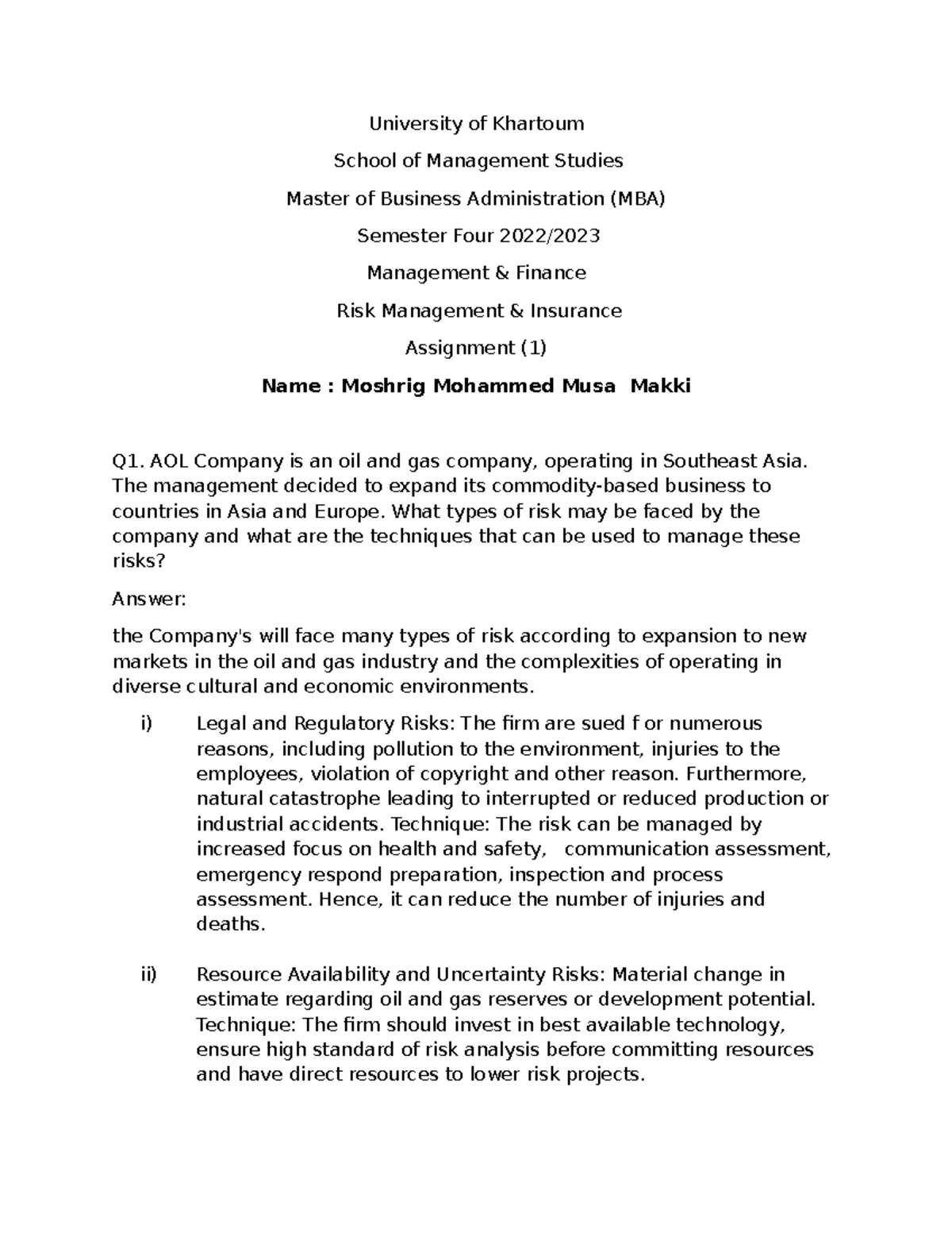Risk Management & Insurance Assignment 1: Analysis of Risks and Control ...