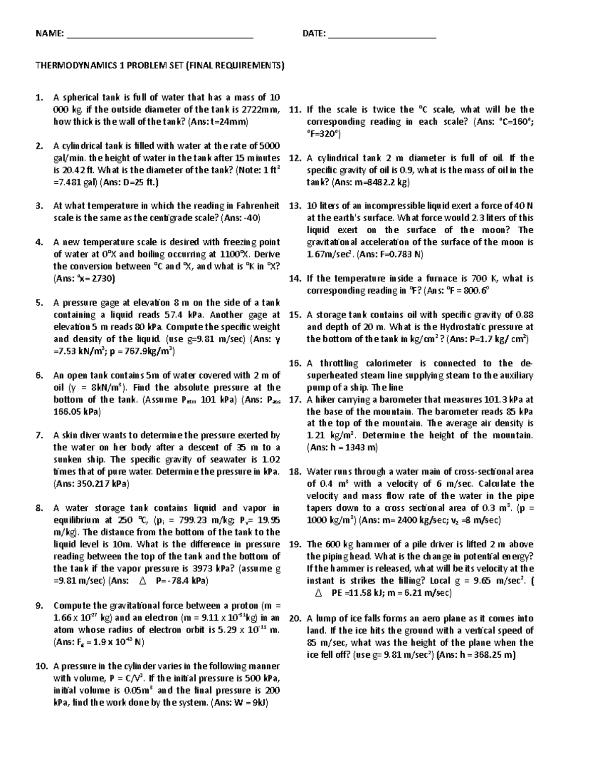 Thermodynamics 1 Problem Set - Final Exam Practice Problems - Studocu