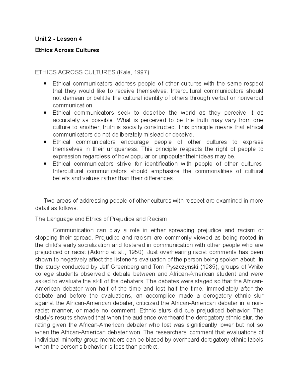 Ethics In Intercultural Communication Unit 2 Lesson 4 Overview Studocu