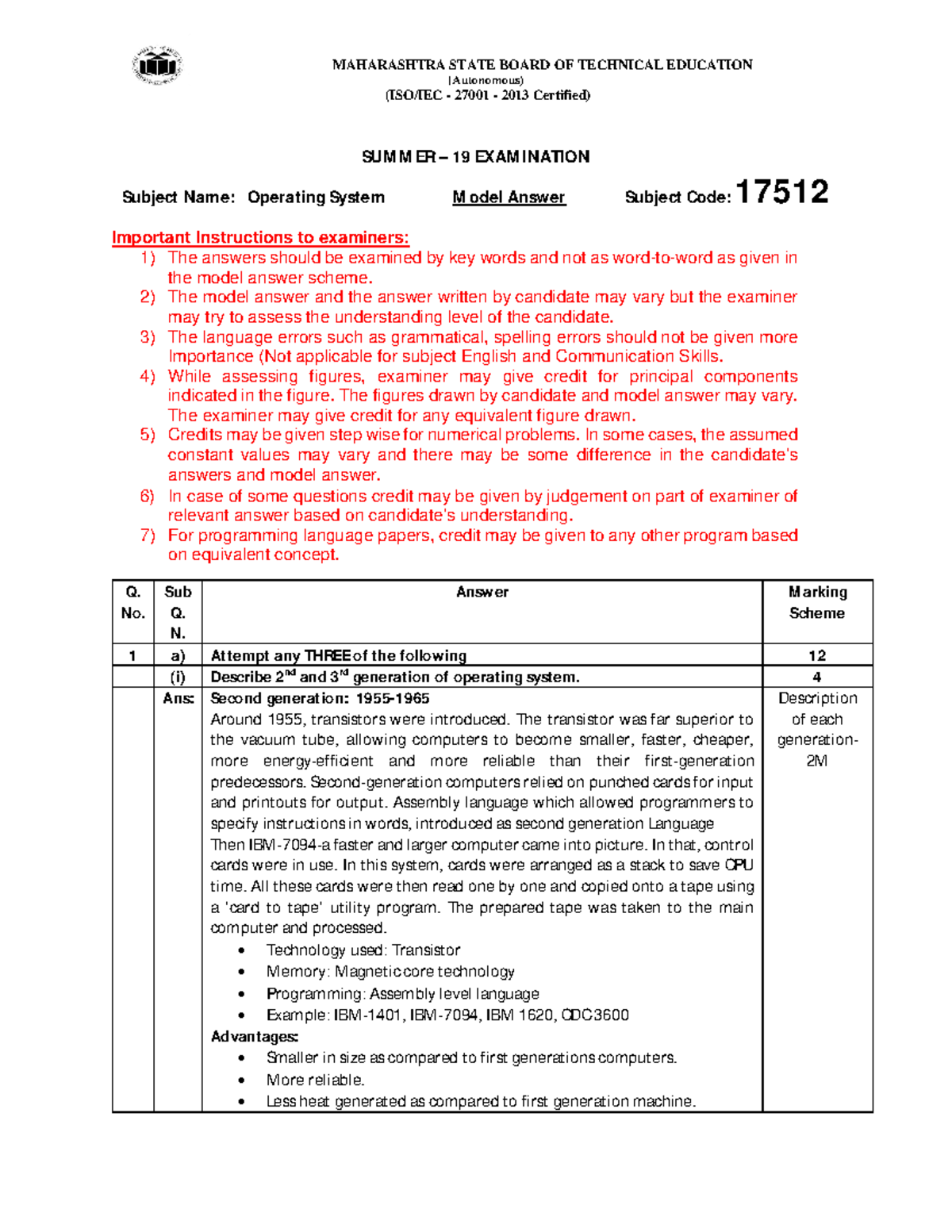 17512 Summer 2019 Model Answer Paper for Operating Systems - Studocu