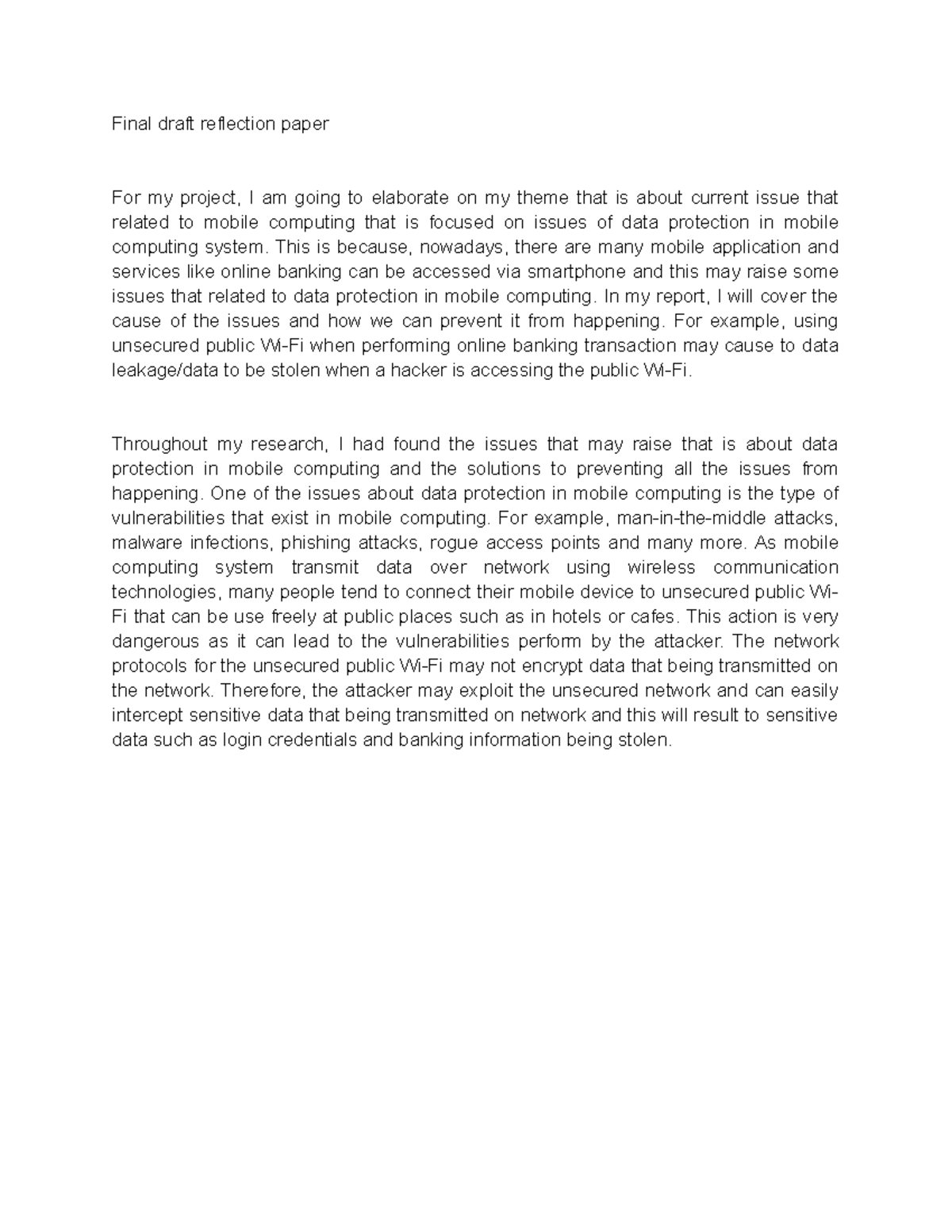 Final Draft Reflection Paper: Data Protection in Mobile Computing - Studocu