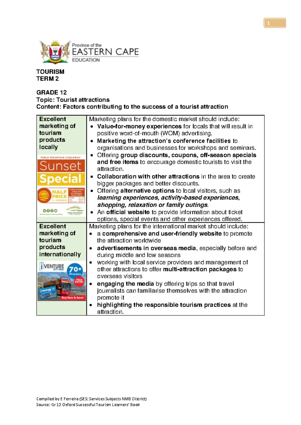 Factors for Success in Tourist Attractions - Gr 12 Tourism Term 2 - Studocu