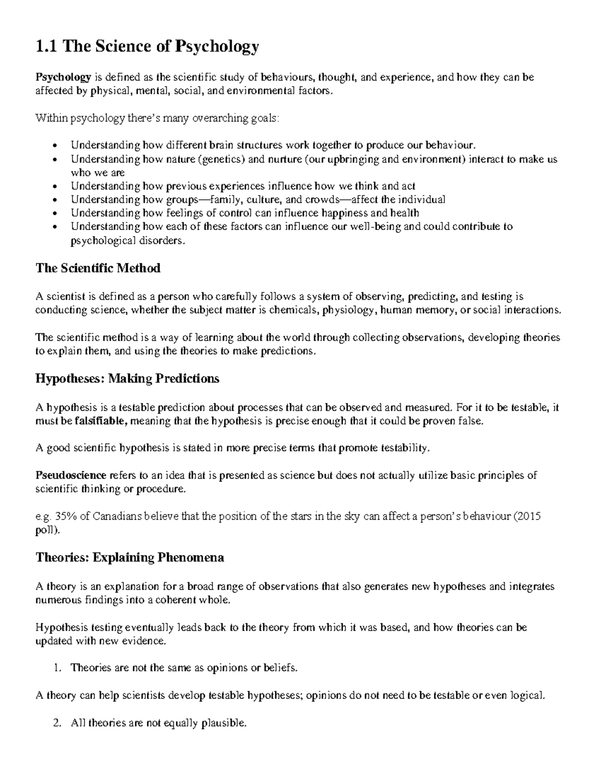 Pscyhology notes- midterm 1 - 1 The Science of Psychology Psychology is ...