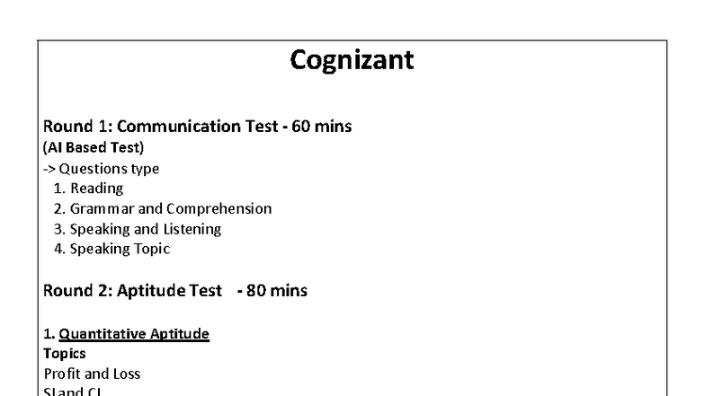 Cognizant Drive Pattern: Communication & Aptitude Test Overview - Studocu
