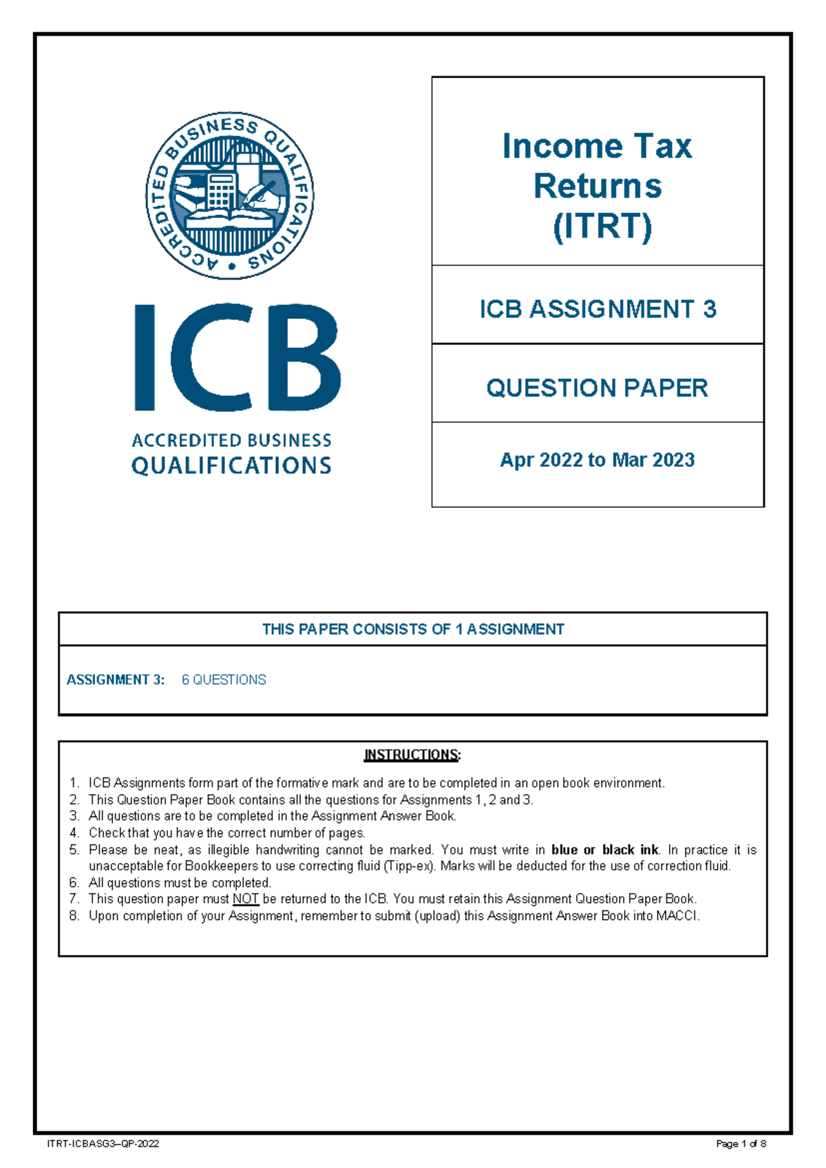 ITRT-ICB Assign 3 QP-2022: Taxation & Assignment Questions Overview ...