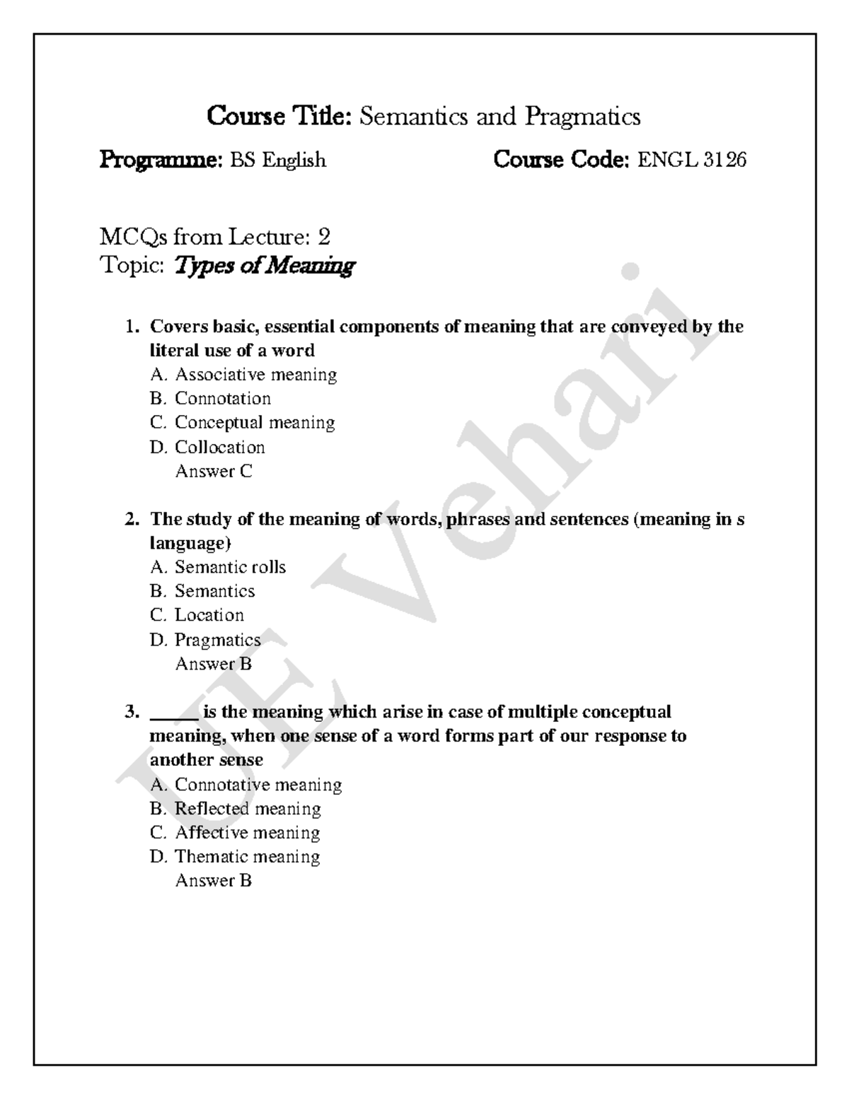 ENGL 3126: MCQs on Semantics & Pragmatics - Lecture Notes - Studocu