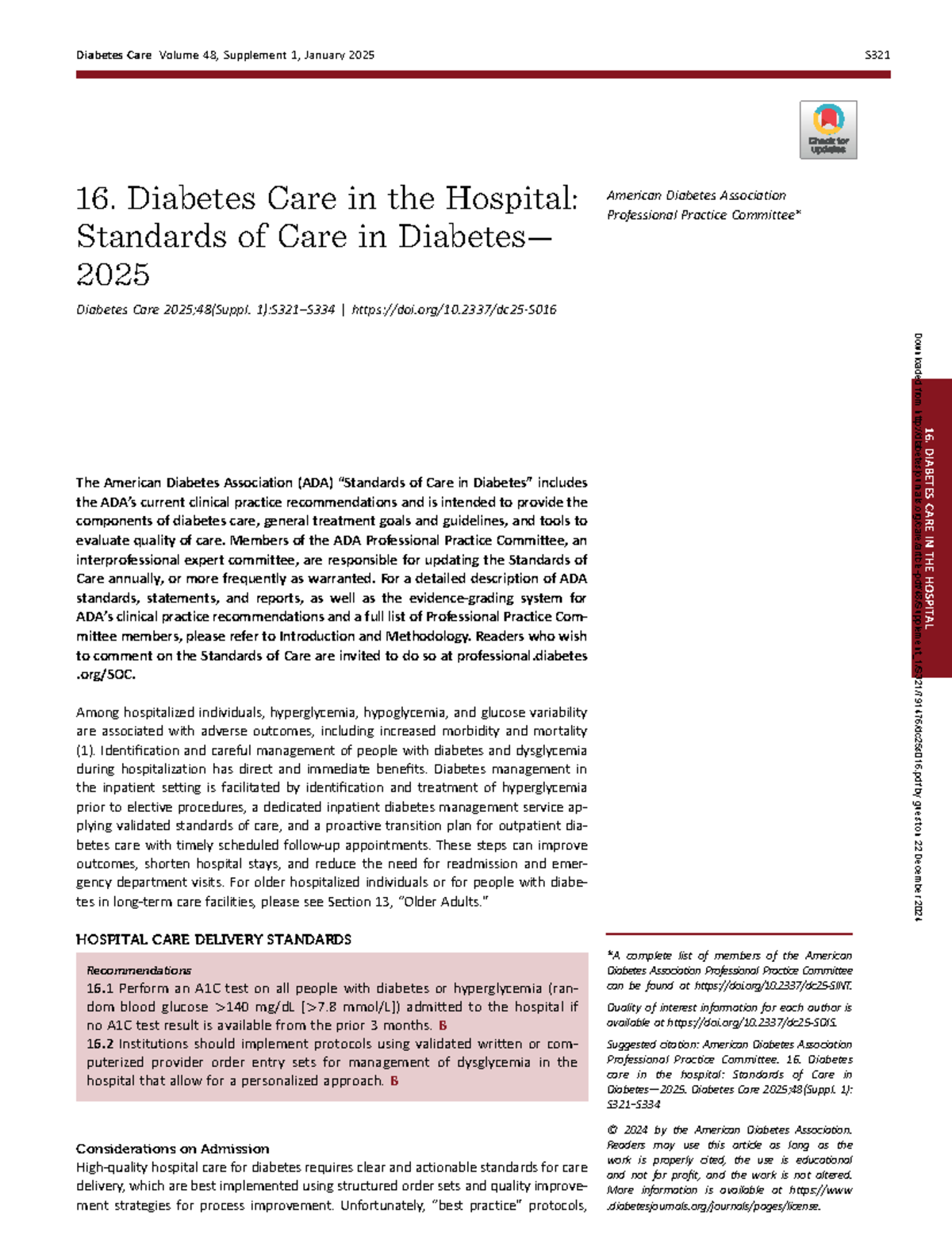 Diabetes care in the hospital: standards of care 2025 (Volume 48, Suppl ...