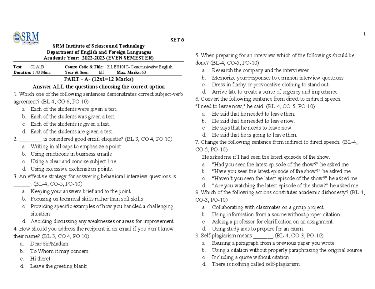 CLA1B - SET 6 - Communicative English Practice Questions - Studocu