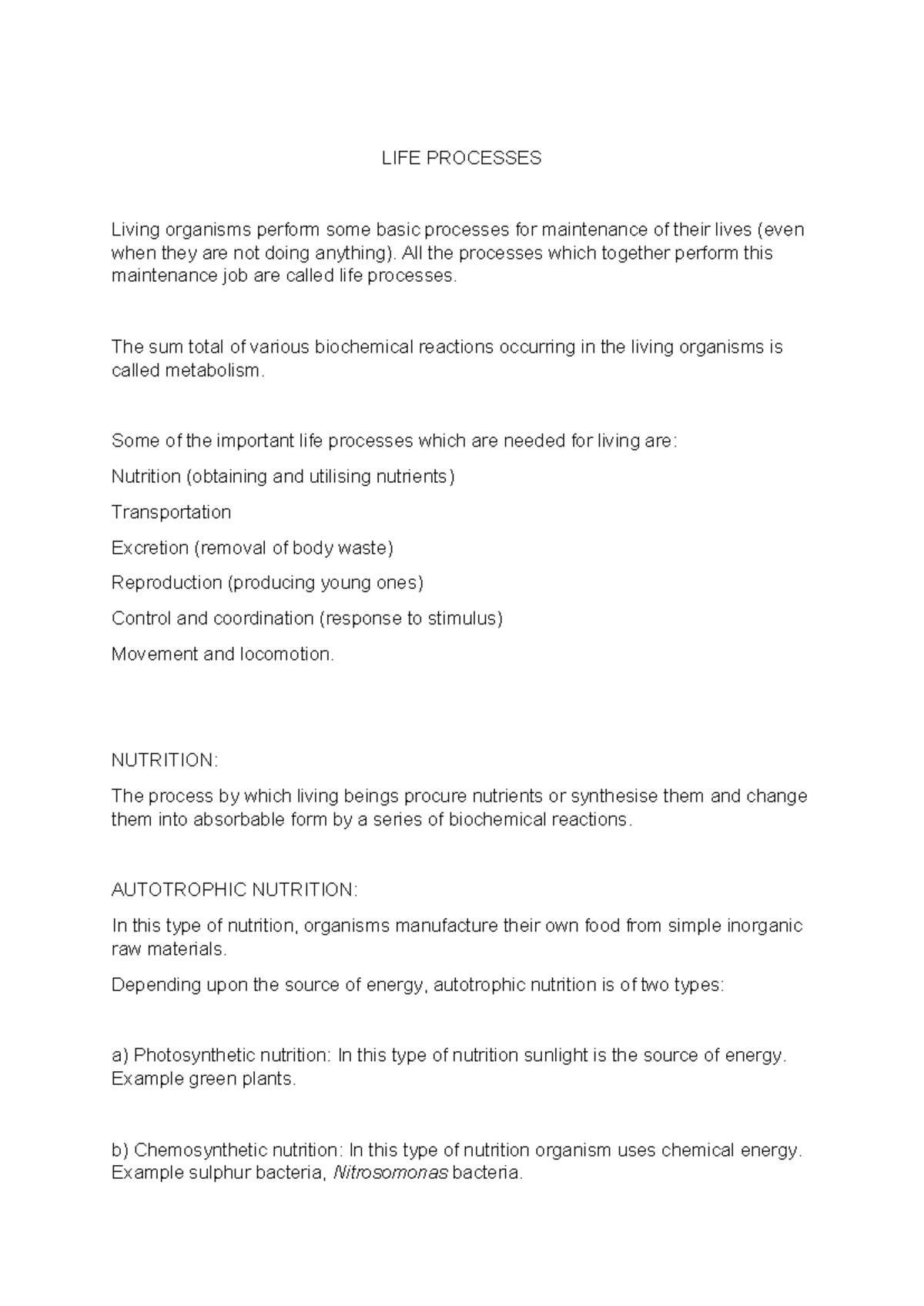 LIFE PROCESSES: Essential Functions of Living Organisms - Notes - Studocu