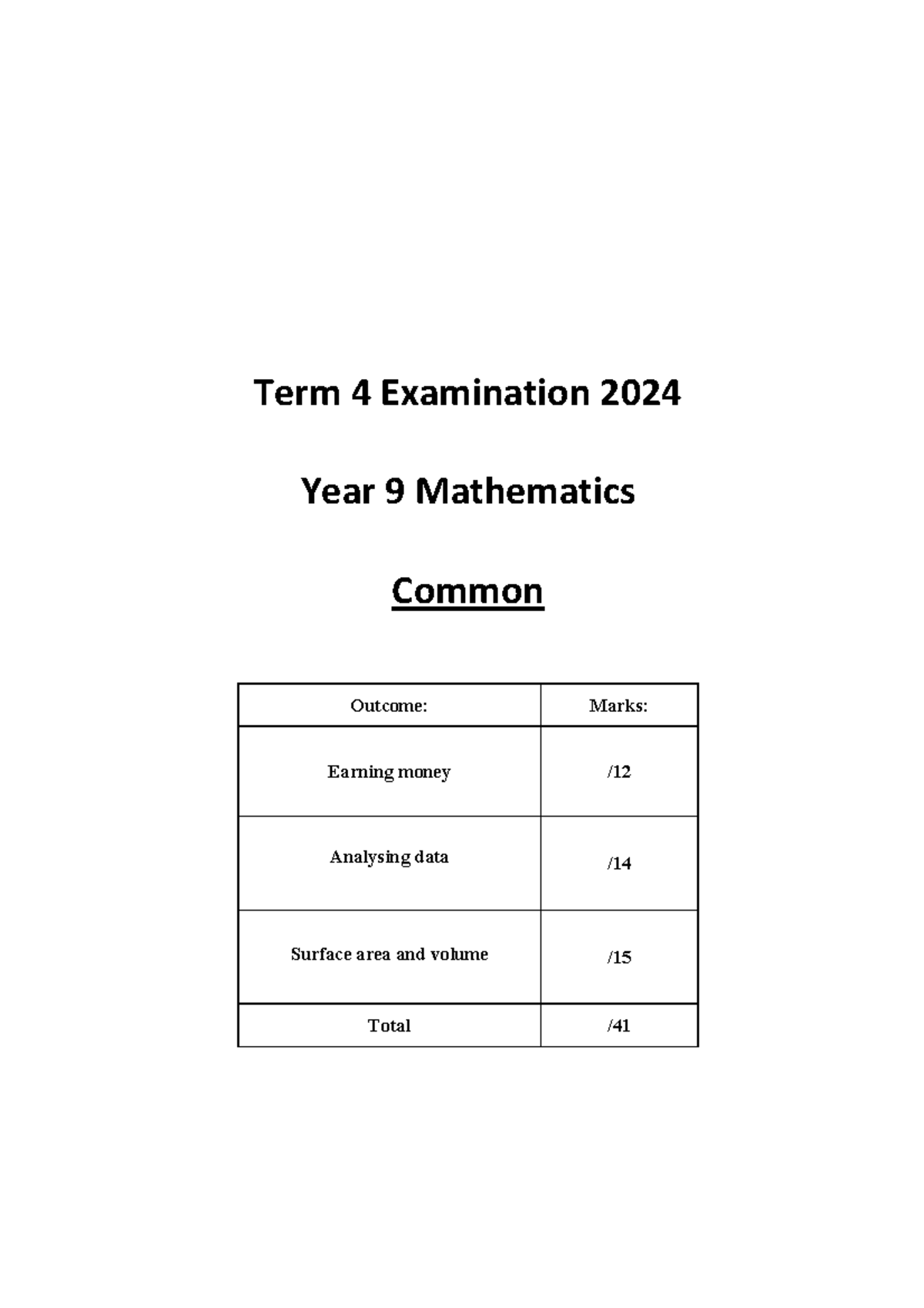 Year 9 Mathematics Term 4 Exam 2024: Common Outcomes & Topics - Studocu