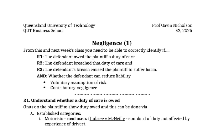 QUT BSB250 S2, 2025 Negligence Duty of Care Checklist - Studocu