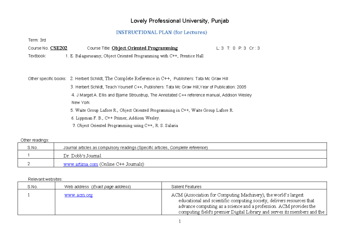 Instructional Plan for CSE202: Object Oriented Programming (Term 3 ...