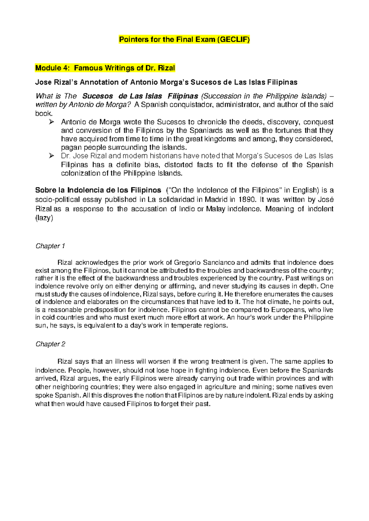 Pointers for the Final Exam on Rizal's Life and Writings (GECLIF) - Studocu