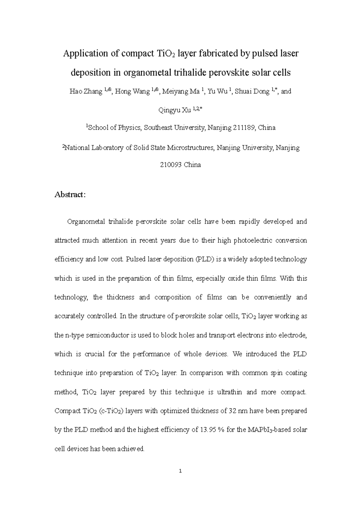 Application of Compact TiO2 Layer via PLD in Perovskite Solar Cells ...
