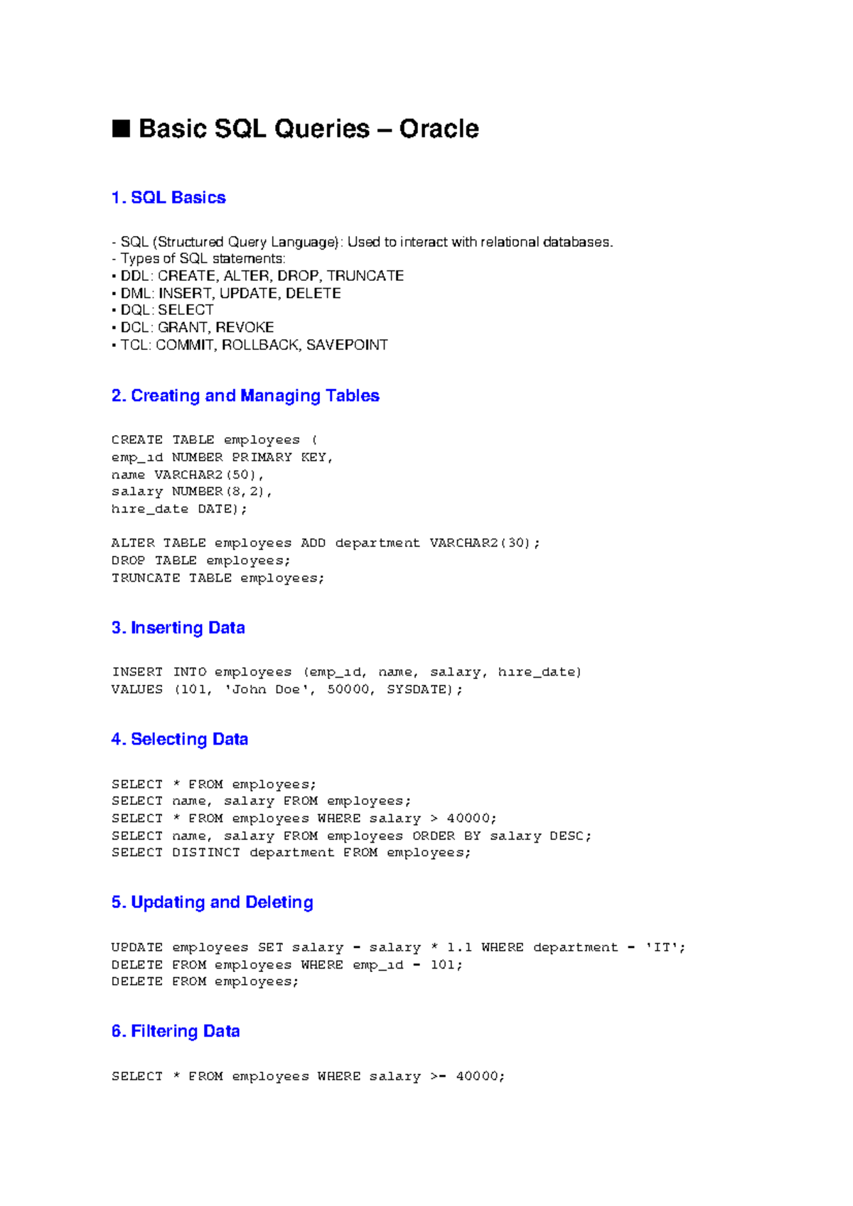 Basic SQL Queries: Oracle 1 - SQL Fundamentals and Operations - Studocu