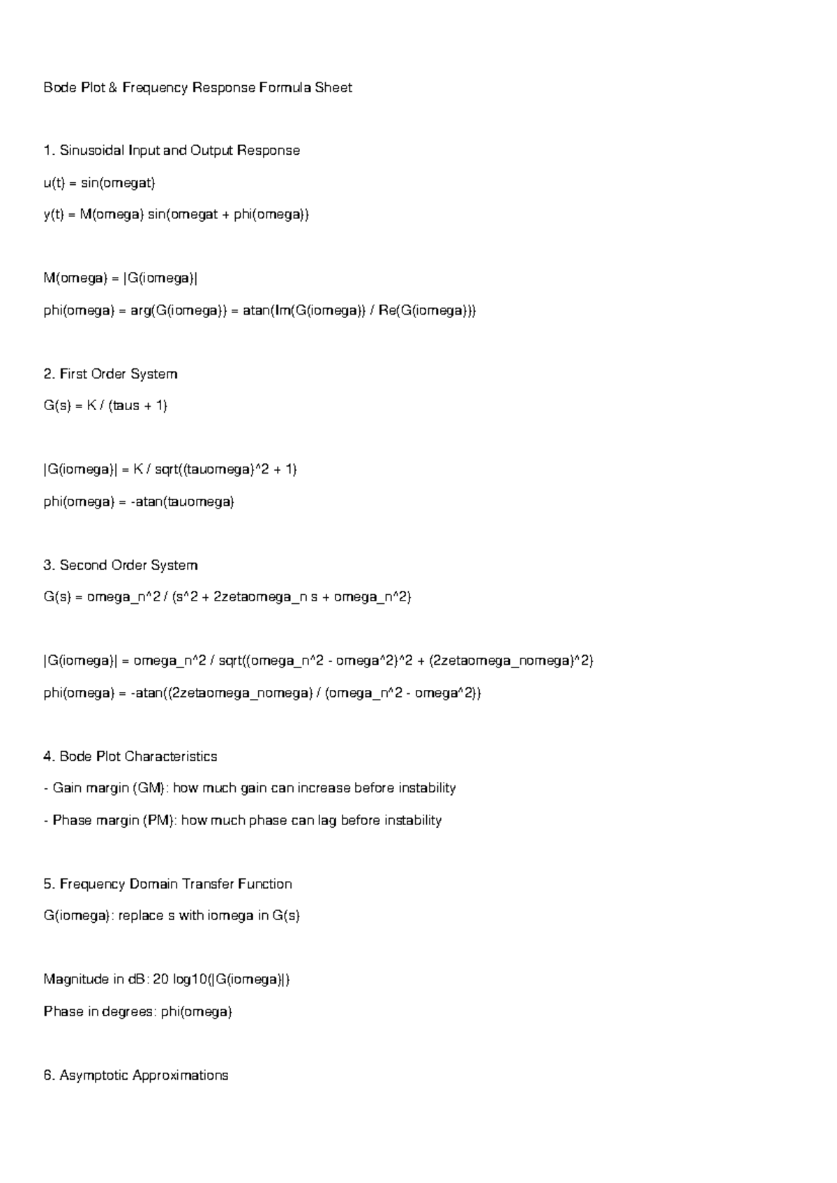 Bode plot frequency response formula sheet for control systems ...