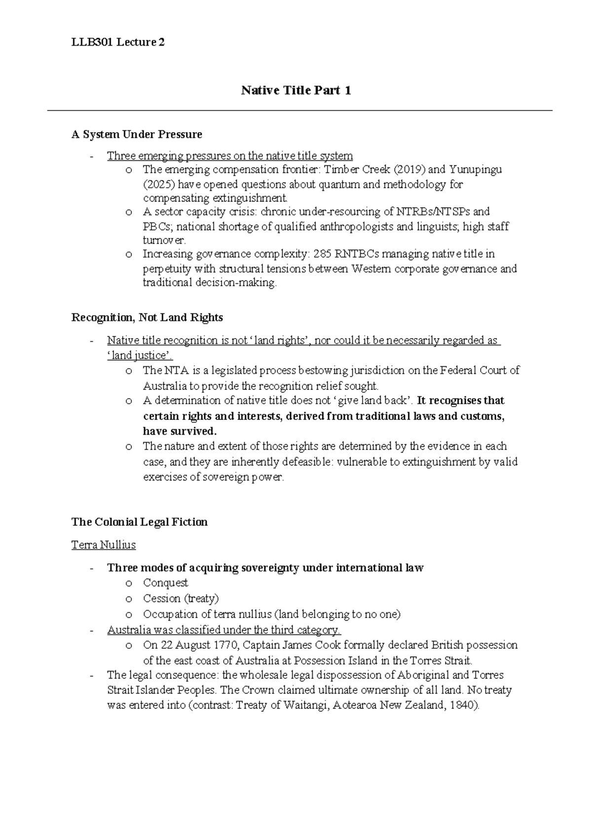 LLB301 Lecture 2: Native Title Under Pressure - Key Issues and ...