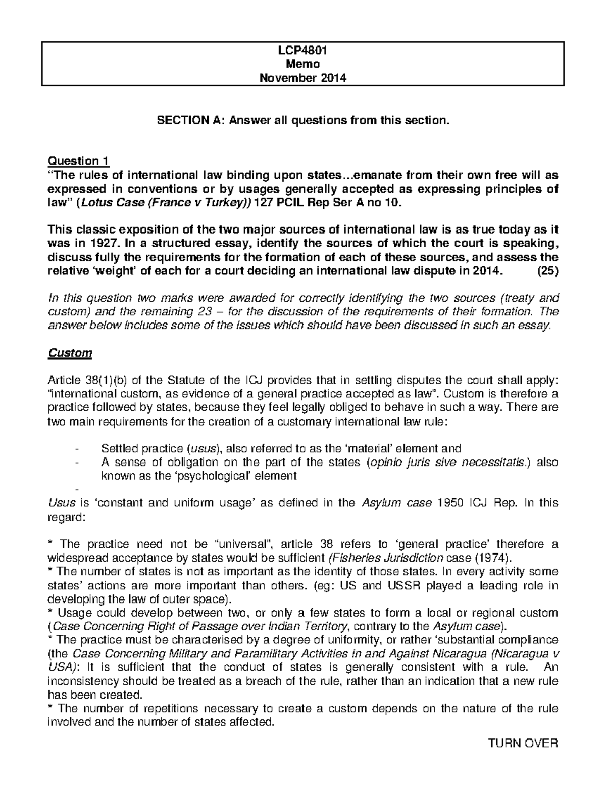 LCP4801 Final Exam Memo: International Law Sources & Case Analysis 2014 ...