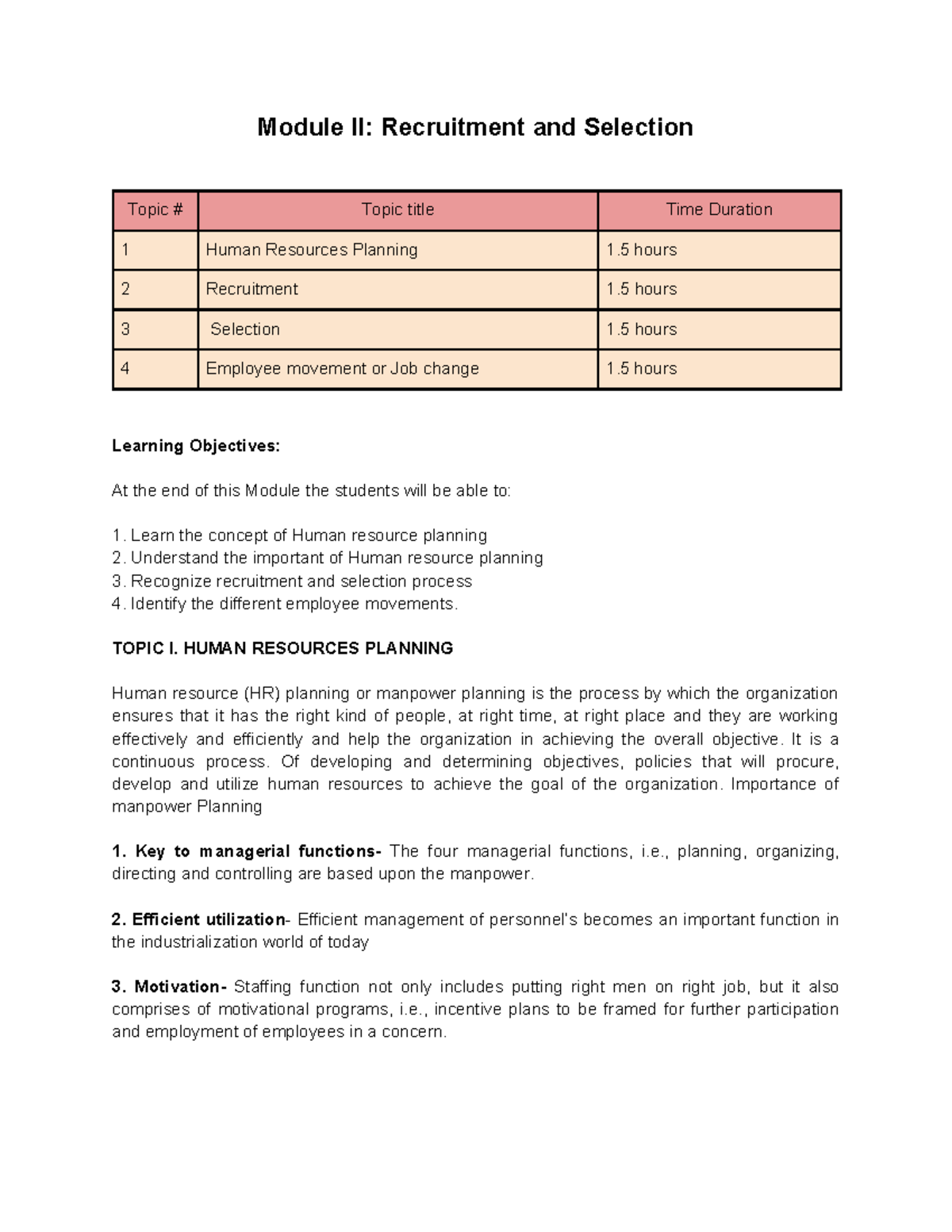 Module II: Recruitment & Selection Overview and Key Concepts - Studocu