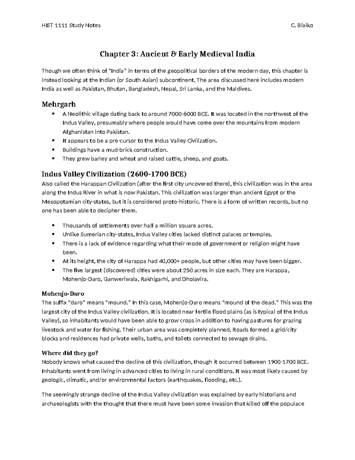 HIST 1111 Study Notes: Ancient & Early Medieval India Overview - Studocu