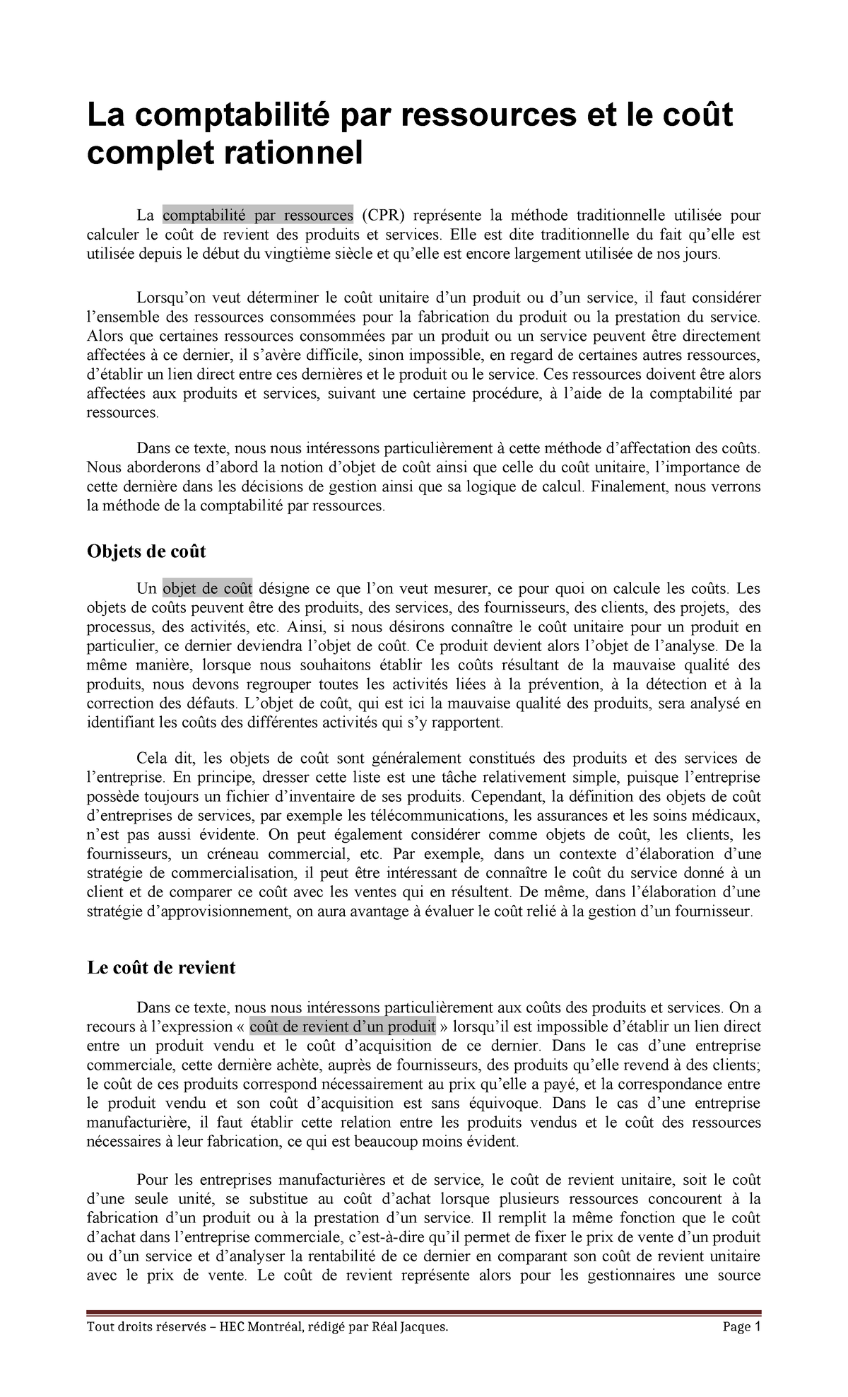 Texte complémentaire - La comptabilité par ressources (CPR) H2021 - Studocu