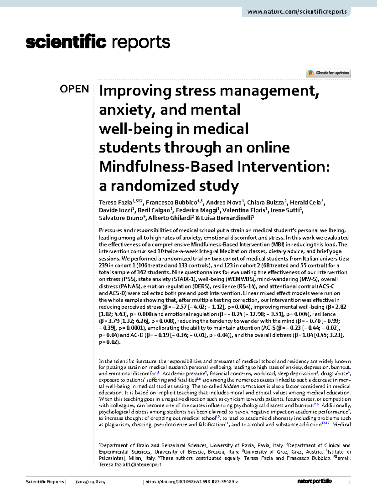 OPEN MBI for Stress Management in Medical Students: A Randomized Study ...