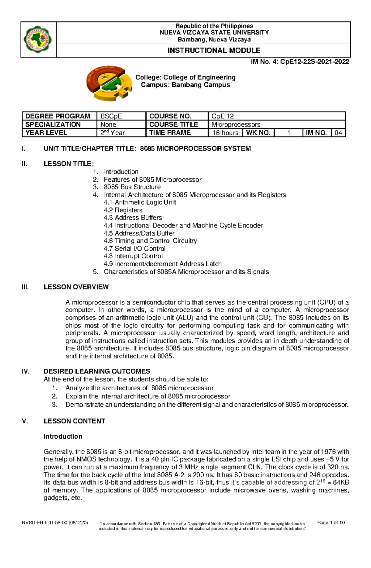 Module 4: 8085 Microprocessor System Instructional Module (CpE 12 ...
