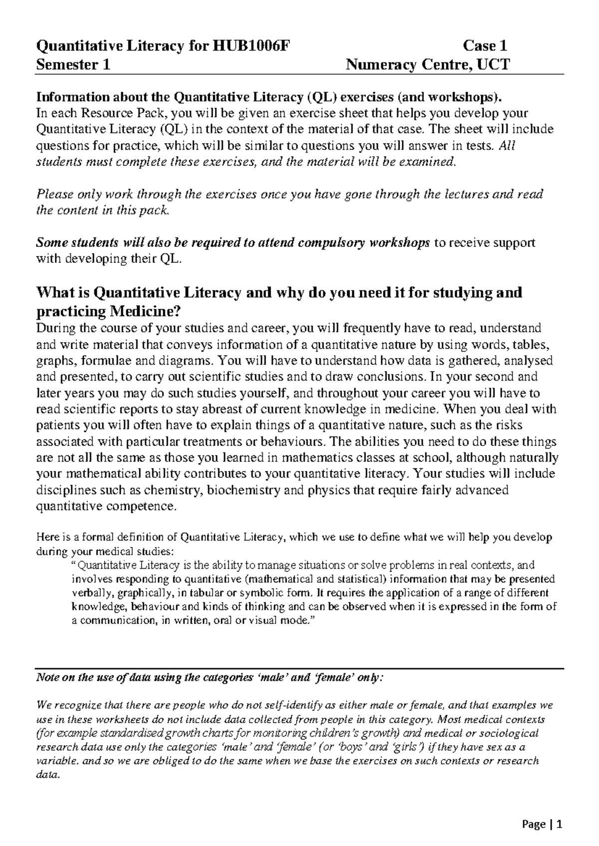 Quantitative Literacy Exercises for HUB1006F - Case 1 - Studocu