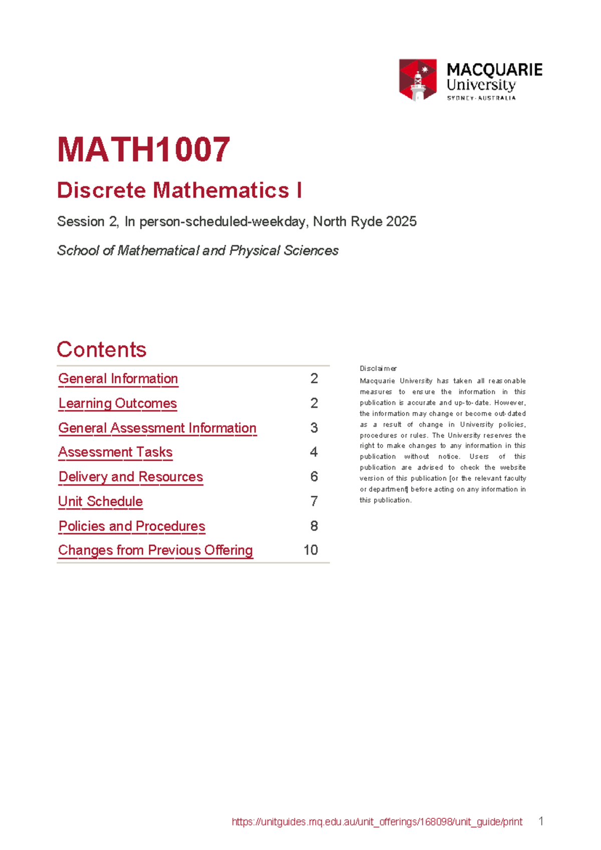 Unit Guide MATH1007 Discrete Mathematics I - Session 2, 2025 - Studocu