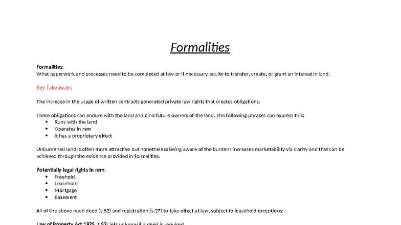 Formalities in Land Law: Key Processes and Legal Interests (LAW 101 ...