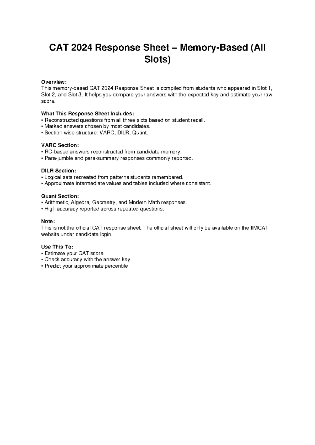 CAT 2024 Response Sheet Overview: All Slots Comparison Guide - Studocu